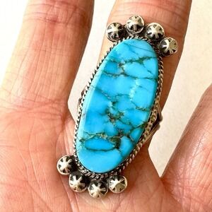 Navajo Turquoise Ring Sz 8 Flat Cab Sterling Signed Selina Warner Native Amer